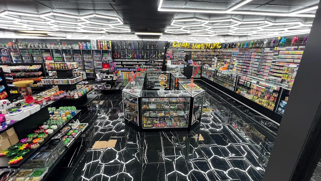 Inside Q Smoke Shop in Hampton VA, vapes, hookahs, glass and exotic snacks
